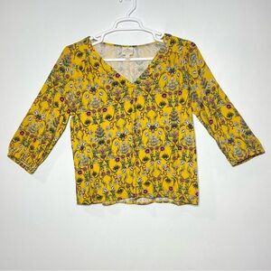 St. John's Bay Women's Blouse L Gold Floral Boho 3/4 Sleeve V-Neck Casual Top